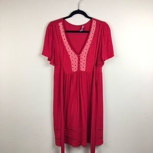 RED DRESS WITH CROCHET DETAILING ON CHEST IN A MED
